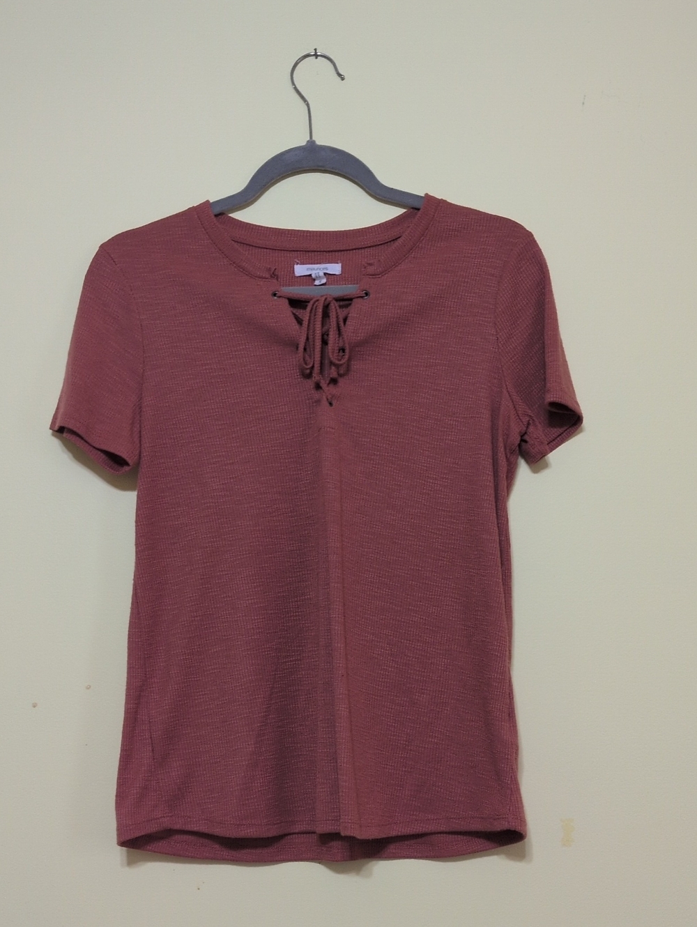 Maurices Lace-Up Ribbed Short Sleeve Top - Dusty Rose